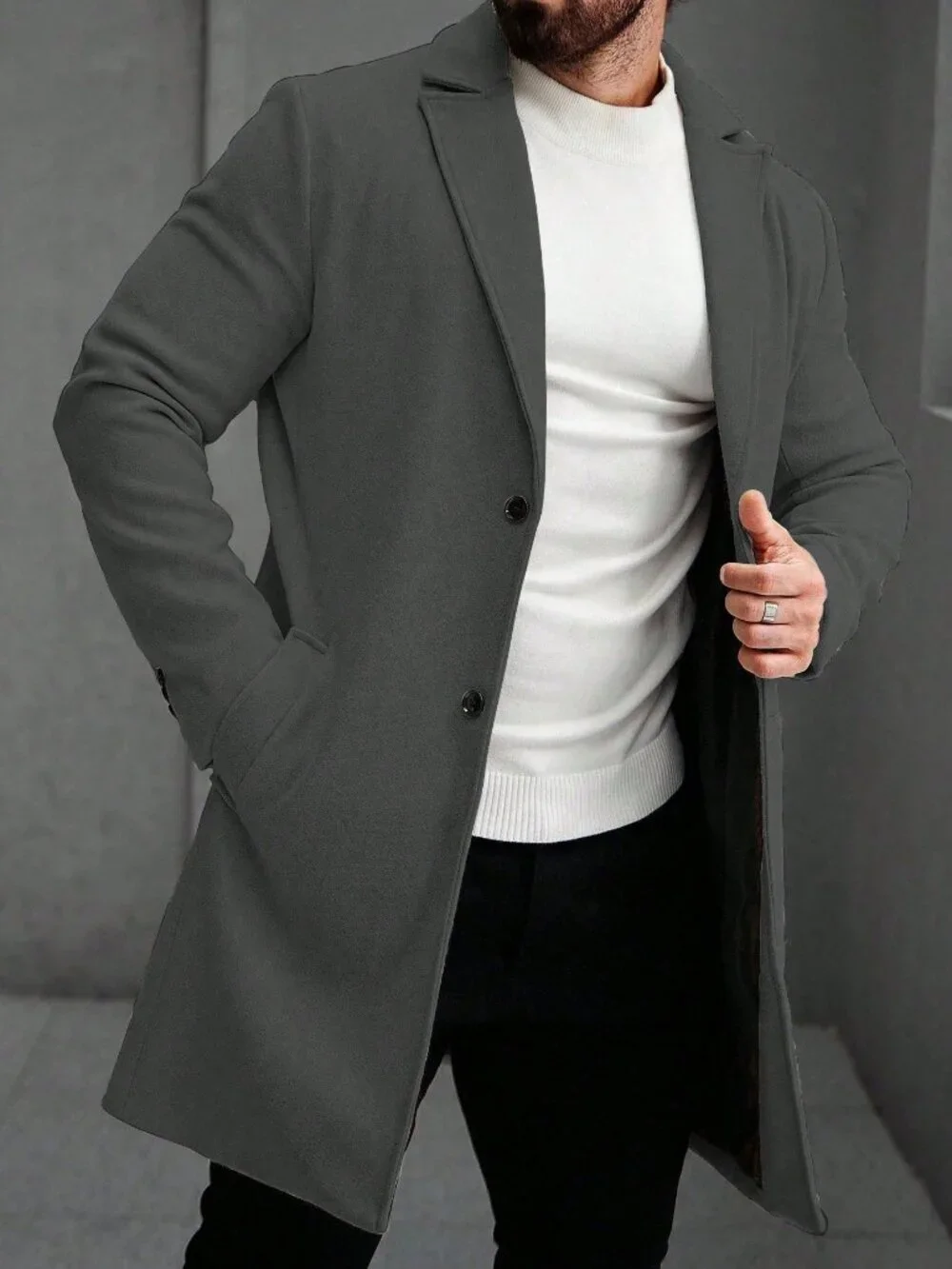 Dark Grey Regular Fit Men's Single Breasted Lapel Long Sleeve Overcoat